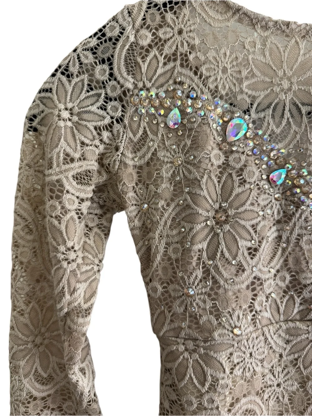 Custom Nude Lace Long-Sleeve Dance Dress with Rhinestone Accents